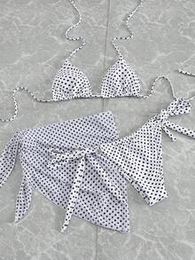 女士休闲优雅波点印花露背系带比基尼套装，带系带罩裙，三件套泳衣，适合夏季度假、海滩、假日旅行、日光浴 - 彩色 - 查看 2