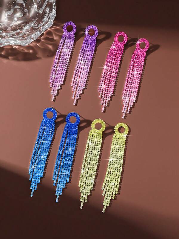 1 Pair Fashionable Exaggerated Ombre Crystal Tassel Long Earrings, Shiny Bridal Evening Party Jewelry Accessories