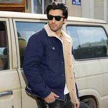 Mens Winter Thick Thermal Cotton Warm Fleece Lined Sherpa Trucker Lapel Work Cargo Jackets Coat OuterwearChristmas 8453 - 海軍 - 查看 8