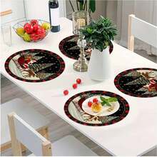 4/6/8 pièces Sets de table de Noël - Série bleue d'hiver de Noël, sapin de Noël, couronne, Père Noël, motif floral, sets de table, lavage à la main uniquement, décoration de table à dîner ronde d'hiver, décoration de cuisine et de salle à manger pour fête - 36 cm