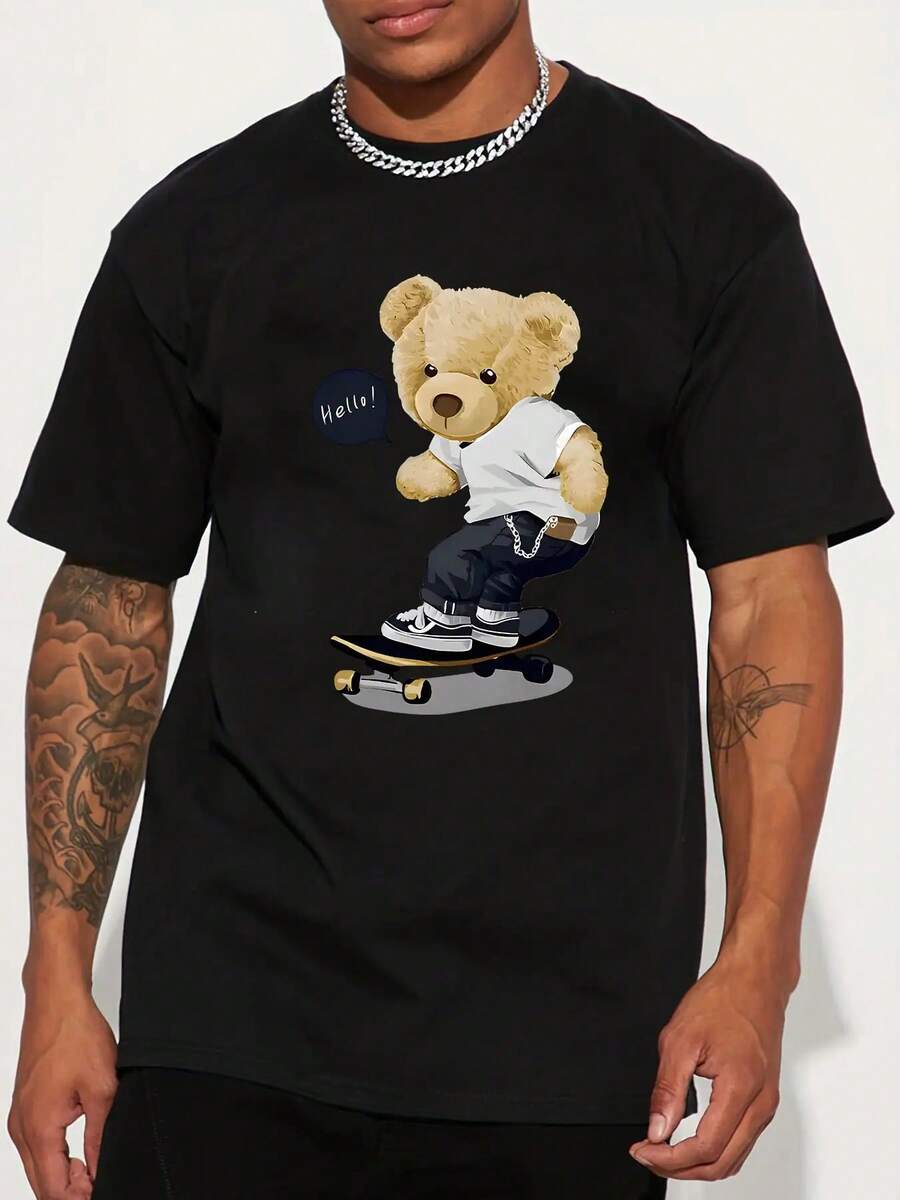 Skateboard Bear Illustration Print American  Brand Design Sense Graffiti Letter Print Short Sleeve T-Shirt Men's And Women's High Street Couple Outfit Top