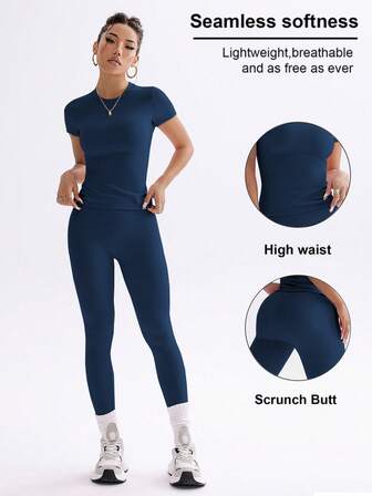 FWH Youthful Campus Fitness Cute Solid Color Top, Spring-Summer Stretchy Fitted Round Neck Sweet Fashion Versatile Outerwear Elegant High-Waisted Tight Casual Tummy Control Everyday Basic Dance Leg-Lengthening Butt-Lifting Street Running Yoga Two Pieces Set