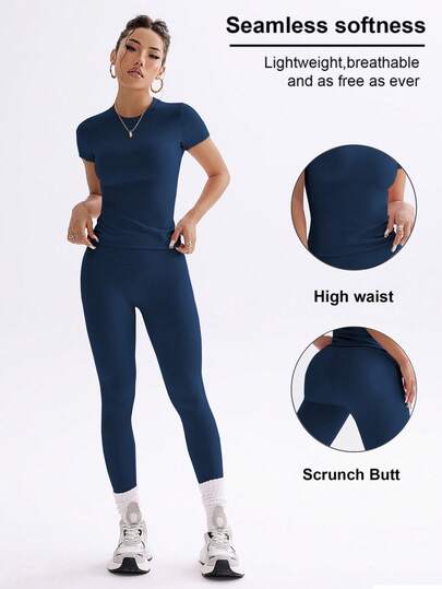 FWH Youthful Campus Fitness Cute Solid Color Top, Spring-Summer Stretchy Fitted Round Neck Sweet Fashion Versatile Outerwear Elegant High-Waisted Tight Casual Tummy Control Everyday Basic Dance Leg-Lengthening Butt-Lifting Street Running Yoga Two Pieces Set