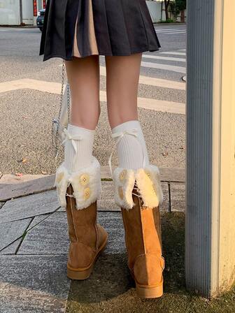 1 Pair Women's Solid Color Vertical Stripe Leg Warmers, Bow Ribbon Decor, Lolita Style, Versatile, High Elasticity, Suitable For Autumn/Winter, Daily Wear