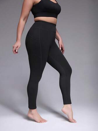 Büyük Beden Kadın Yumuşak Yüksek Bel Yüksek Elastik Spor Taytları, Cepli Günlük Açık Hava Bisikleti Düz Renk Yoga Pantolonu