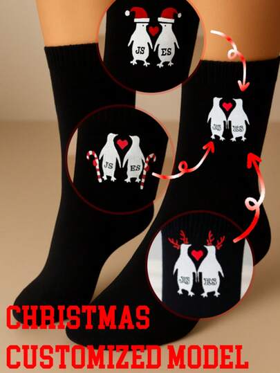 1 Pair Custom Name Penguin Christmas Socks With Heart, Personalized Black Cotton Crew Socks, Cute Animal Cartoon Style, Couples Gift, Matching His And Hers Accessory, Funny Holiday Novelty Warm Winter Sock, Xmas Anniversary Wedding Valentine Birthday Gift For Men Women Lovers Friends