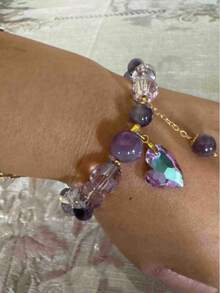 1pc Elegant Bohemian Amethyst Crystal Bracelet With Heart Pendant - Luxurious, Sparkling, Non-Plated Stretch Bracelet Perfect For Women Girls Girlfriend Valentines,Mom,Mother,Mother's Day, Birthday,Anniversary,Wedding & Parties, Daily Wear