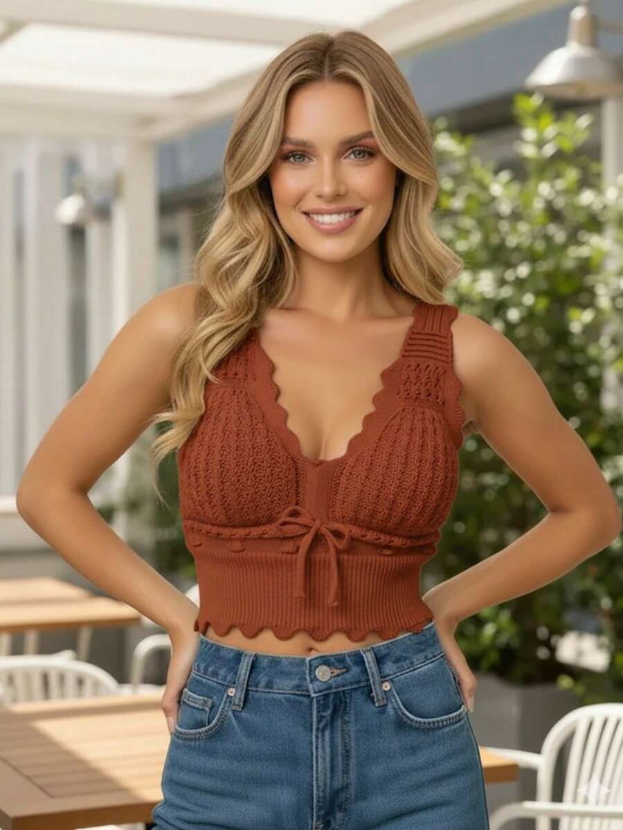 Modal Knit Top With Padded Cropped Beachwear Stylish - Burnt Orange - View 1