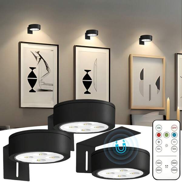 1/3/4/5/6Pcs Led Picture Light Battery Operated, Wireless Led Painting Light, Wireless Wall Lamp With Magnetic, Wireless Spotlight, Display Light Spotlight With Remote Dimmable, 3 Lighting Modes Art Display Light For Picture Frame Artworking Portrait, Wall Decorative Puck Lights 150mAh Remote Control