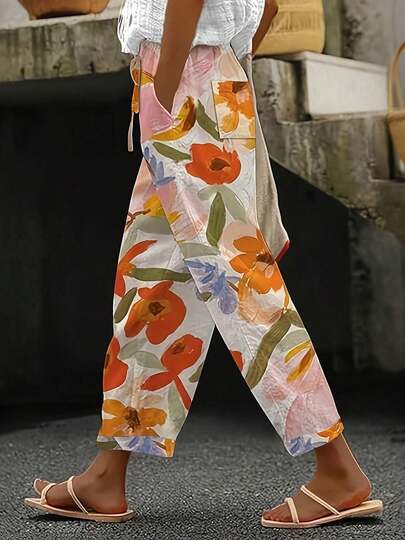 Pantalones capri rectos de mujer con estampado floral colorido de poliéster, tela sin estiramiento, adecuados para uso diario en todas las estaciones