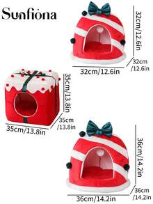 Casa acogedora para mascotas con cojines extraíbles y lavables - Cama para gatos y perros cálida y semi-cerrada para todas las estaciones, de tela suave y duradera, sin necesidad de montaje, diseño clásico de invierno con ribete rojo y blanco, madriguera acogedora para descanso y sueño en interiores, ideal para decoración navideña
