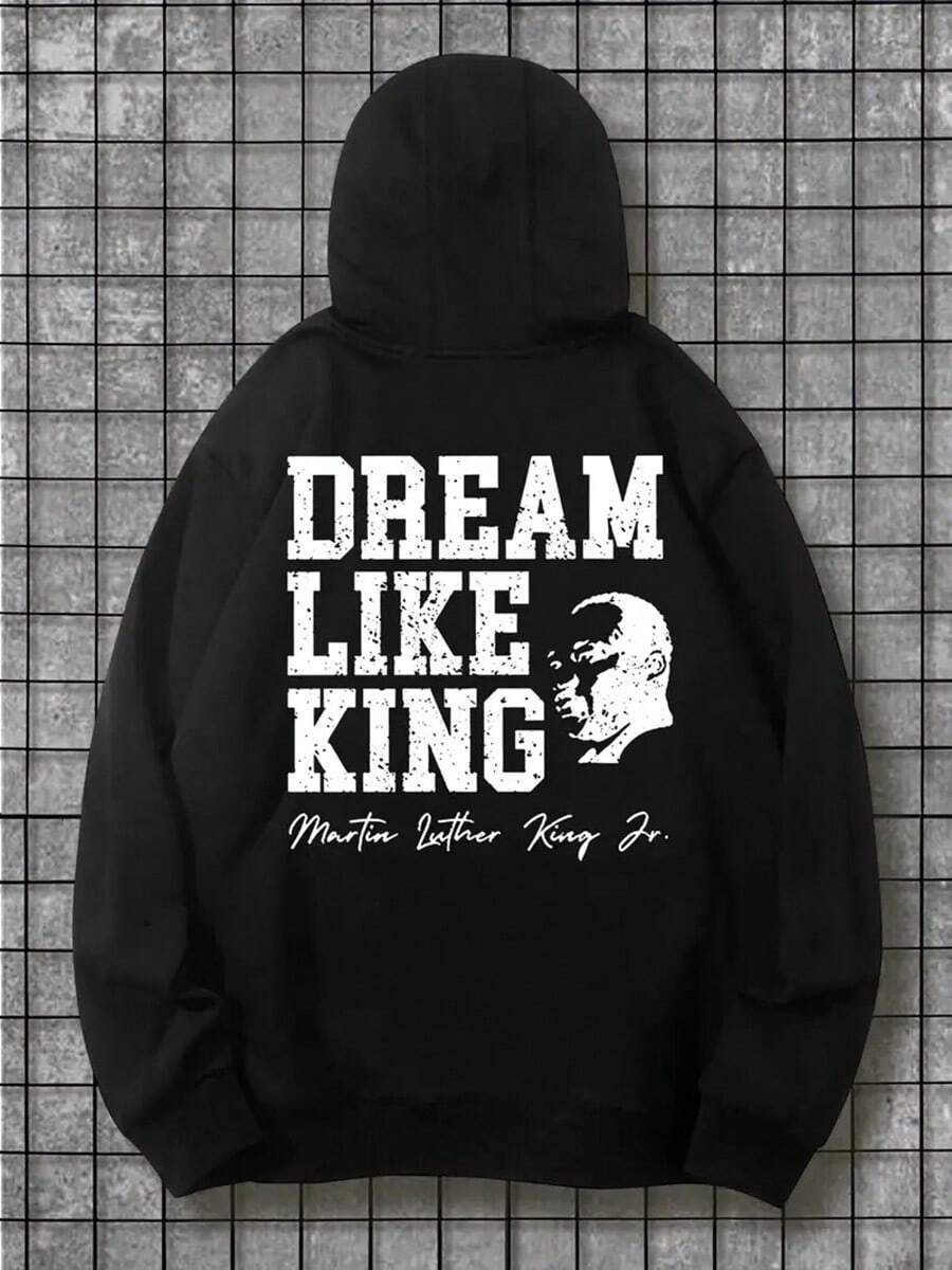 Dream Like King Men'S Hoodie - Casual Long Sleeve Pullover With Motivational Print, Black, Loose Fit, Cotton, Fall/Winter Fashion, Everyday Comfort|Casual Style|Knitted Texture,Fall Hoodies,Men's Fall Clothes,Street Wear,Halloween,Mens Hoodies,Y2k Clothes,Jesus Hoodie,Thanksgiving Day,Nightmare Before Christmas,Christmas - Black - View 1