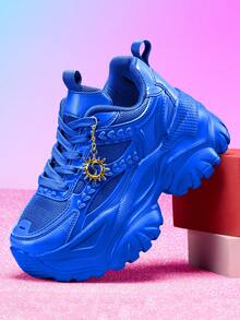 7cm Elevator Women's Casual Sports Shoes With 3D Metal Sunflower Decor Chain, Outdoor EVA Platform High-Top Sneakers, Lightweight Soft Shock-Absorbing Non-Slip Running Shoes, Breathable Mesh Summer Sandals, Round Toe Lace-Up Rhinestone Blue Plus Size Shoes For Daily, School, Work, Workout - Blue - View 2