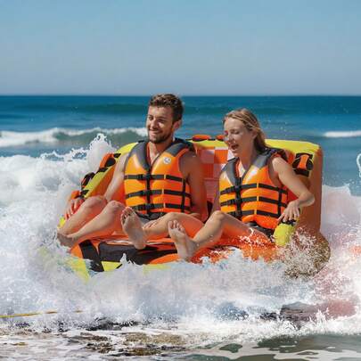 Towable Tube For Boating, 1-2 Riders Inflatable Towable Tubes With Deck Seats And Backrest, 340 Lbs Water Sport Tube For Boat To Pull, Full Nylon Cover, EVA Grab Handles And Speed Security Valve