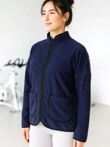 Jachetă de damă din fleece cu buzunare contrastante - Îmbrăcăminte de exterior cu mânecă lungă și guler înalt, fermoar complet, pentru călătorii de iarnă, naveta în aer liber și îmbrăcăminte confortabilă în straturi, de zi cu zi