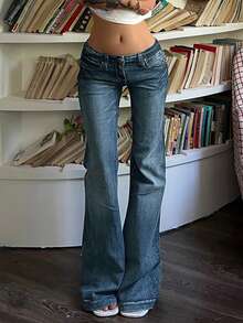 Valentine's Day Women's Flare Jeans Y2K 90s Bootcut Mid Rise Vintage Pants Denim Pants Bell Bottoms Spring Clothes - 深色水洗藍 - 查看 2