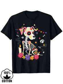 Nueva camiseta 100% algodón para hombre con estampado de grafiti de cachorro colorido de moda, camiseta de manga corta de cuello redondo casual y cómoda, ropa de primavera y verano, adecuada para cualquier ocasión, color sólido, casual, uso diario, camiseta de manga corta ligera y transpirable para verano - Negro - Ver 1