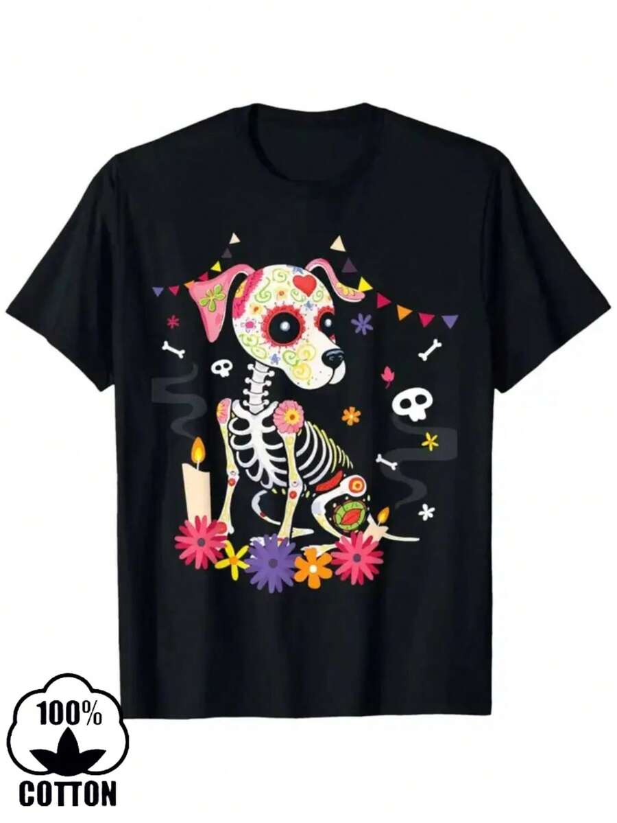 Nueva camiseta 100% algodón para hombre con estampado de grafiti de cachorro colorido de moda, camiseta de manga corta de cuello redondo casual y cómoda, ropa de primavera y verano, adecuada para cualquier ocasión, color sólido, casual, uso diario, camiseta de manga corta ligera y transpirable para verano - Negro - Ver 1