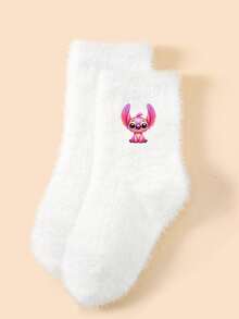 5 Paar Dicke Kunstfell Socken für Kleinkinder/Kinder, Blau & Rosa Cartoon Alien Stitch Design, modisch & vielseitig, weich & bequem, geeignet für Herbst/Winter Outfits, Schule, Lässig, Reisen, Feiertage, Zuhause, Business