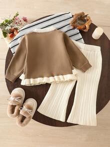 WUHUANG YIYI 2 件套女童可爱二合一下摆设计双色毛衣开衫和宽松裤子套装，秋冬休闲装