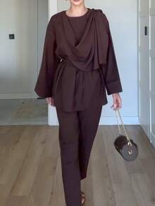 Women's Elegant Long Sleeve Top And Pants 2-Piece Set, Solid Color With Drawstring Pockets, Suitable For Office, Daily Wear, Airport, Spring/Autumn - Burgundy - View 9