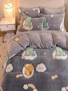 1 件可爱小恐龙雪花法兰绒羽绒被套，1*羽绒被套，无填充，亲肤，柔软舒适，可爱简约 - 深灰色 - 查看 4
