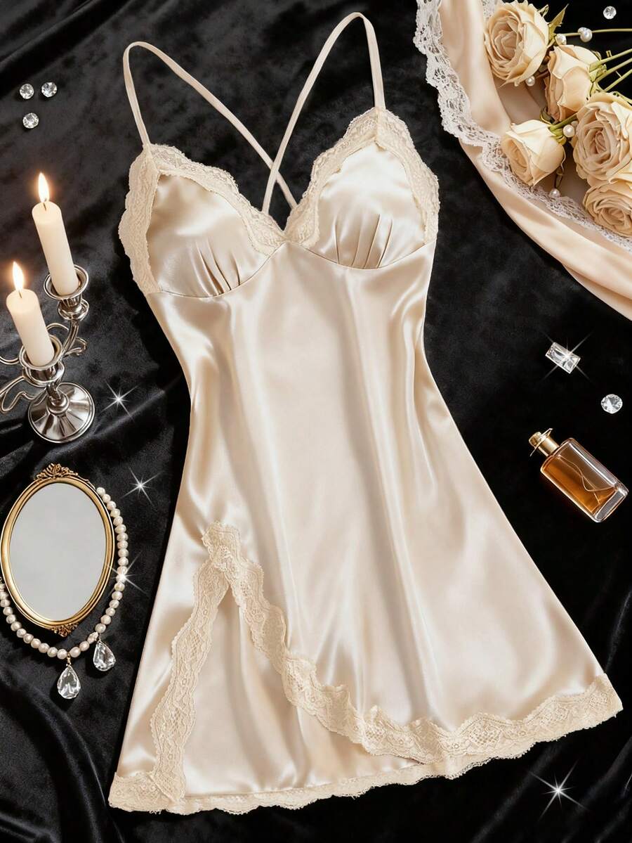 Women's Nightgown, Mature Floral Print Satin Lace Trim Sleepwear Dress, V-Neck Criss-Cross Open Back Spaghetti Strap Slip Dress, Comfortable Robe