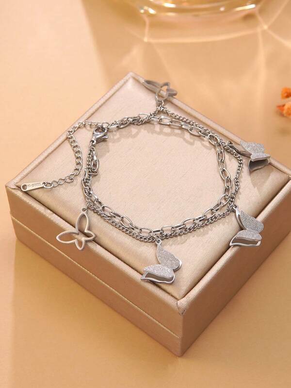 Pulseira de corrente feminina de aço inoxidável com borla e borboleta, minimalista e elegante, 1 peça, pulseira de corrente de borboleta de camada dupla, joia unissex adequada para uso diário e festas, adequada para homens, mulheres, amigos, esposas, filhas, presente elegante para aniversário, aniversário, feriados