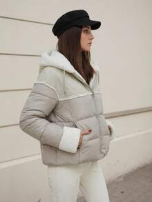 Veste courte matelassée pour femmes avec col châle, doublure thermique, fermeture à glissière et manches longues. Décontractée/élégante et avec capuche en fausse fourrure. Convient pour l'automne et l'hiver. - Gris - Voir 4