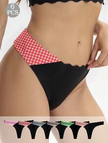 6pcs Seamless Scallop Contrast Design Women's Thong Panties, Comfortable Breathable Striped Plaid Underwear