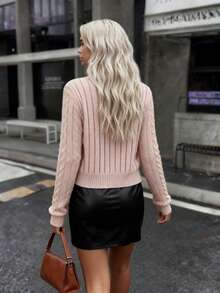 Pink Cable Knit Gentle Sweet Cropped Cardigan, Casual Button Up Sweater For Daily & Dating - Pink - View 9