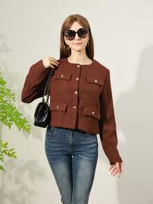 Women's Everyday Fashion Wear Tweed Jacket, Round Neckline Trim Long-Sleeved Solid Color Jacket - Brown - View 3