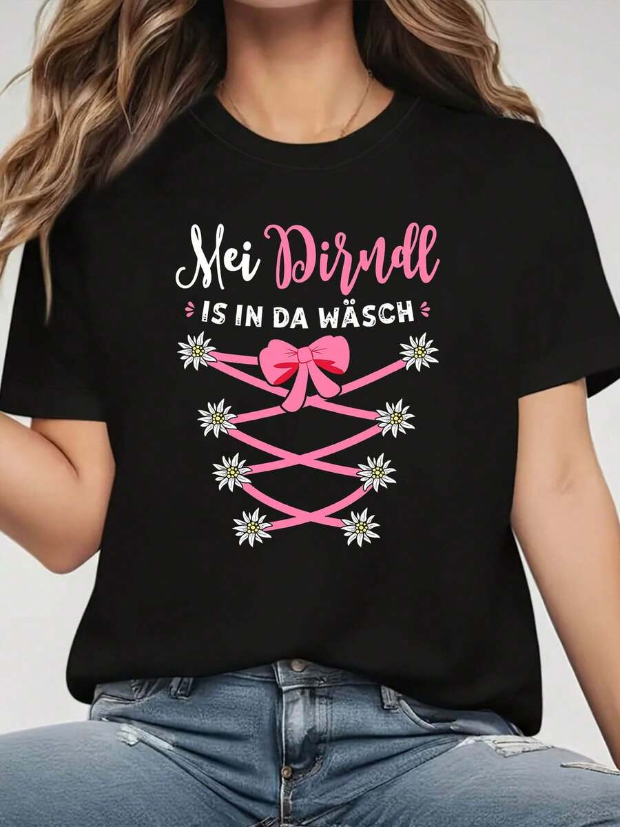 Plus Size - Women's Funny German Dirndl T-Shirt - "Mei Dirndl IS IN DA WÄSCH" Bavarian Saying - Black With Pink Accents - Plus Size Casual Top For Oktoberfest, German Parties & Everyday Outfits - Lightweight Spring/Summer Tee, Festive Attire, Playful Design, Comfortable Fit, Oktoberfest Outfit, Round Neck, Stretchy Fabric, Printed Shirt, Festival Goers - 黑色 - 查看 1