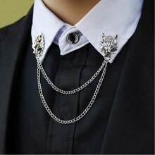 1/2/3 قطعة دبوس ياقة سلسلة رجالي مزين بحجر - رأس الذئب والتاج والجناح سلسلة ياقة طويلة - دبوص صدر فاخر مرصع بالراين ستون للزفاف، ذهبي وفضي