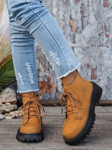 Women's Punk Style Round Toe Lace-Up Thick Sole Boots, 2025 Autumn/Winter New Fashionable Chic British Style Orange Work Boots, Outdoor Hiking Personalized High-Top Versatile Campus Style Classic Short Boots, European And American Unisex Motorcycle Boots