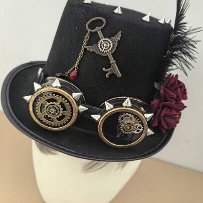 Sombrero de fiesta para festival, sombrero decorativo unisex, gafas con remaches estilo steampunk, decoración de plumas rosa oscuro, sombrero de copa para actuaciones escénicas.