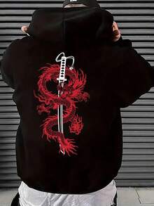 [1pc Men's Hoodie] 1pc Men's Geometric Dragon Print Hoodie | Casual Style, Polyester, Knitted Fabric, Regular Fit, With Pockets, Elasticity, For Spring/Fall Season,Fall Hoodies,Men's Fall Clothes,Street Wear,Halloween,Mens Hoodies,Y2k Clothes,Jesus Hoodie,Thanksgiving Day,Nightmare Before Christmas,Christmas - màu đen - Xem 1