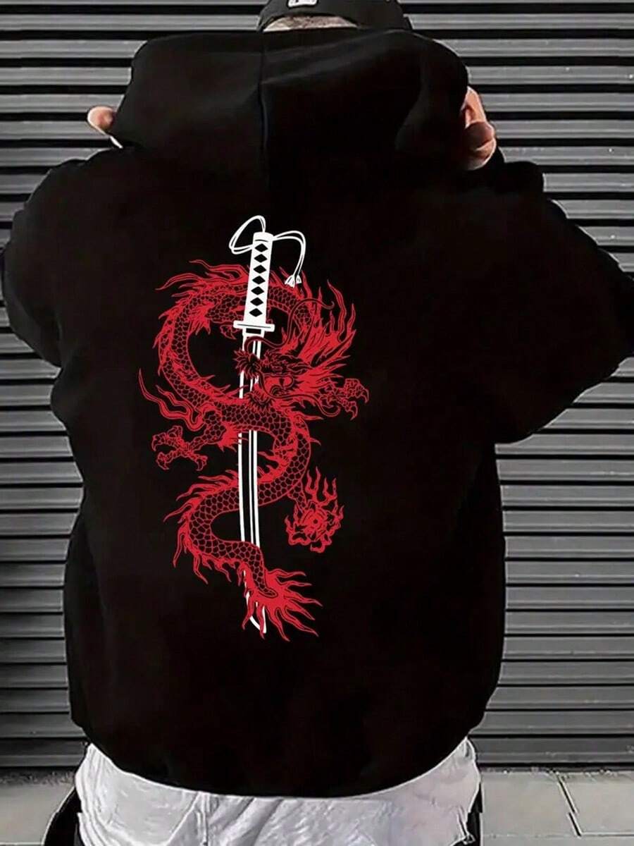 [1pc Men's Hoodie] 1pc Men's Geometric Dragon Print Hoodie | Casual Style, Polyester, Knitted Fabric, Regular Fit, With Pockets, Elasticity, For Spring/Fall Season,Fall Hoodies,Men's Fall Clothes,Street Wear,Halloween,Mens Hoodies,Y2k Clothes,Jesus Hoodie,Thanksgiving Day,Nightmare Before Christmas,Christmas - màu đen - Xem 1