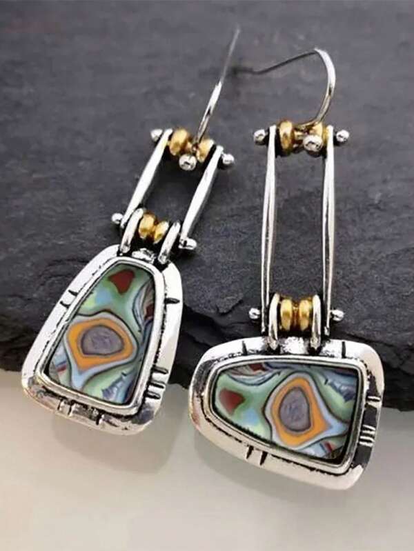 Vintage-Inspired Imitation Turquoise Gold Color Earring Geometric Design, Alloy With Resin Inlay, Unisex Jewelry For Birthdays, Anniversaries