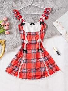 New Plaid Print Cute & Sexy Ruffled Strap Nightgown - Red - View 8