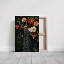 1pc Framed Canvas Wall Art Prints Poster, Shower Head In A Flower Bed, Surrounded By Roses And Green Leaves, Vintage Realistic Oil Painting Style Art Posters Canvas Print Painting For Living Room Bedroom Office Bathroom Dorm Home Decor, Ready To Hang, 2D Flat - 彩色 - 查看 2