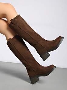 秋冬季粗跟麂皮牛仔靴，中筒西部靴，修身宽筒高筒女靴，派对靴 - 棕色 - 查看 1