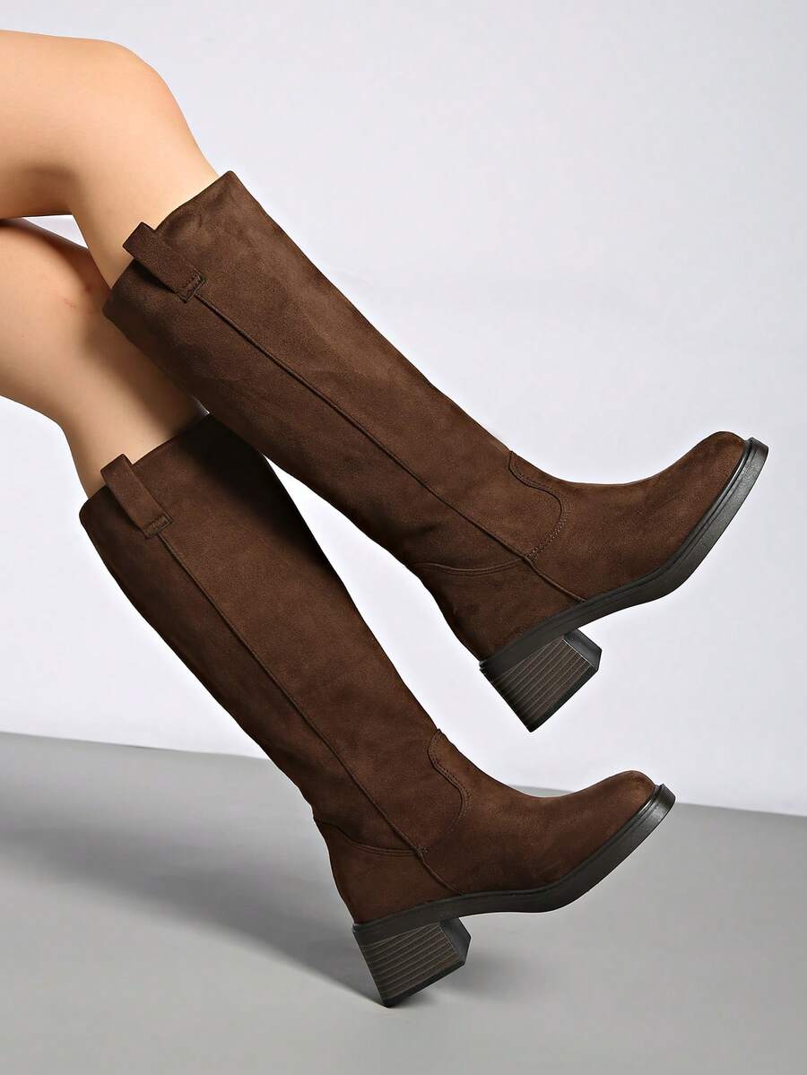 秋冬季粗跟麂皮牛仔靴，中筒西部靴，修身宽筒高筒女靴，派对靴 - 棕色 - 查看 1