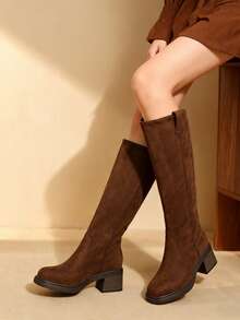 秋冬季粗跟麂皮牛仔靴，中筒西部靴，修身宽筒高筒女靴，派对靴 - 棕色 - 查看 5