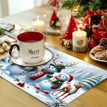1/4/6pcs Christmas Snowman Wearing Hat & Scarf, Deer, Pine Trees, Snow-Covered Ground, Christmas Ornament Print Decorative Placemats - Multicolor - View 11