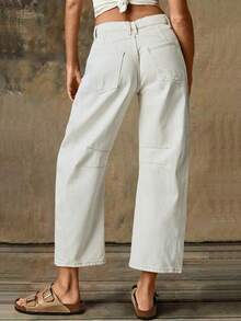Women's Mid-Waisted White Wide-Leg Jeans -  Casual Minimalist Style, Versatile Denim Pants For Daily Outing & Commute - 白色 - 查看 7