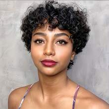 Brazilian Human Hair Pixie Cut Wig With Bangs Short Curly Bob Wigs For Women, 150% Density Rose Net Cap Glueless Wig Perfect For Everyday & Cosplay & Parties & Music Festival & Halloween Party - Natural Black - Xem 2