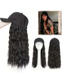 22英寸合成假发帽，卷曲波浪发，可调节女士棒球帽假发，水波纹发型