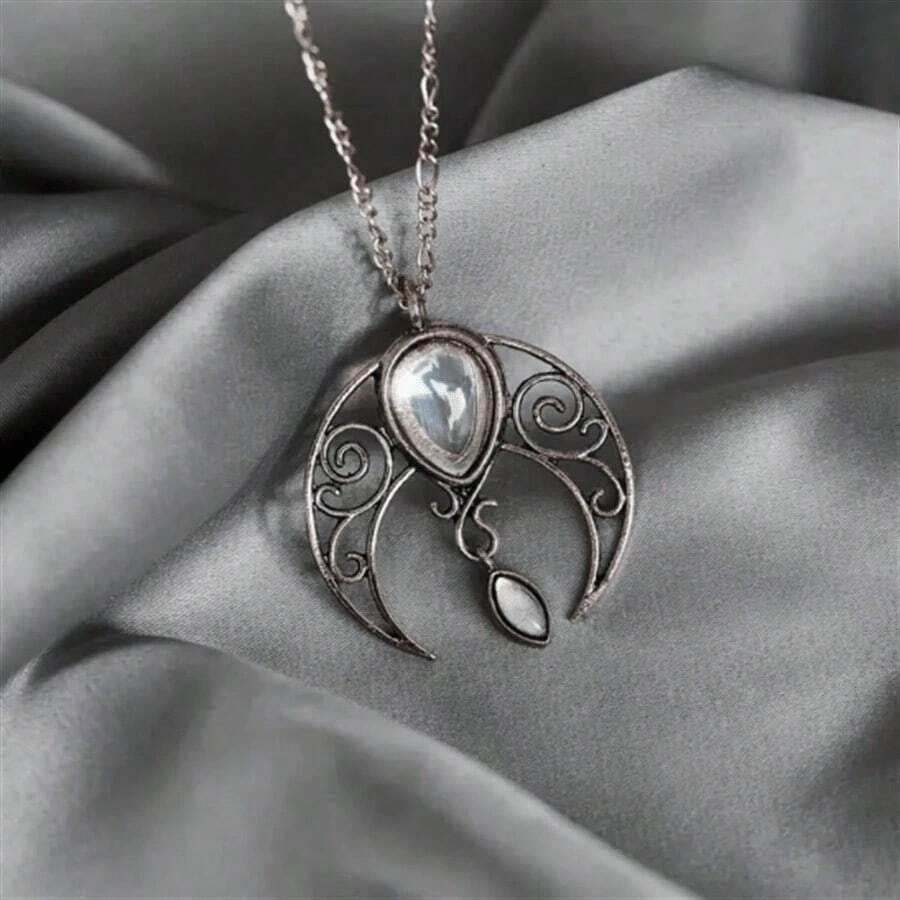 1pc Women's Bohemian Vintage Necklace - Hollow Moon & Rhinestone Pendant, Fashion Personalized Jewelry For Party Sparkle - 復古銀色 - 查看 1