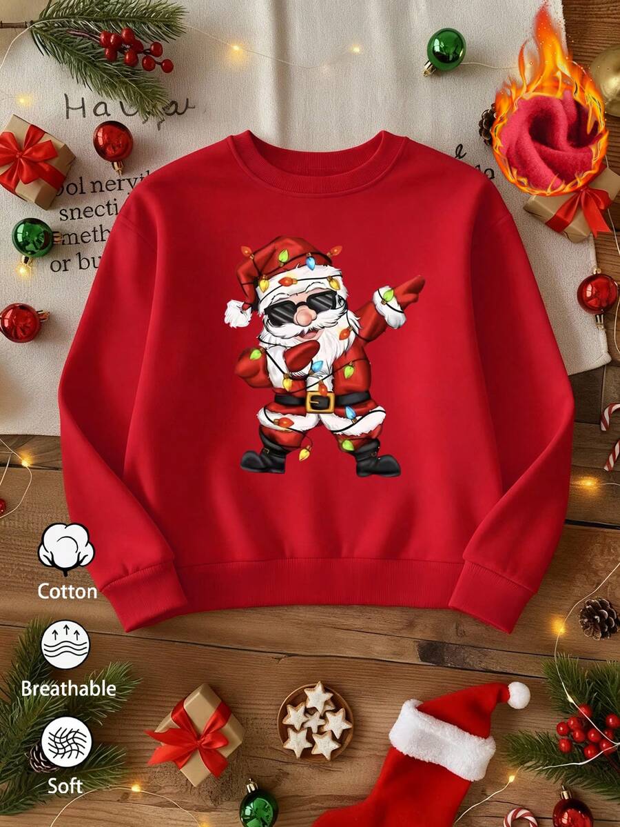 1 pièce Sweat-shirt-shirt unisexe en coton avec imprimé graphique de Noël, pull décontracté doux et respirant pour l'automne/l'hiver - Rouge - Voir 1